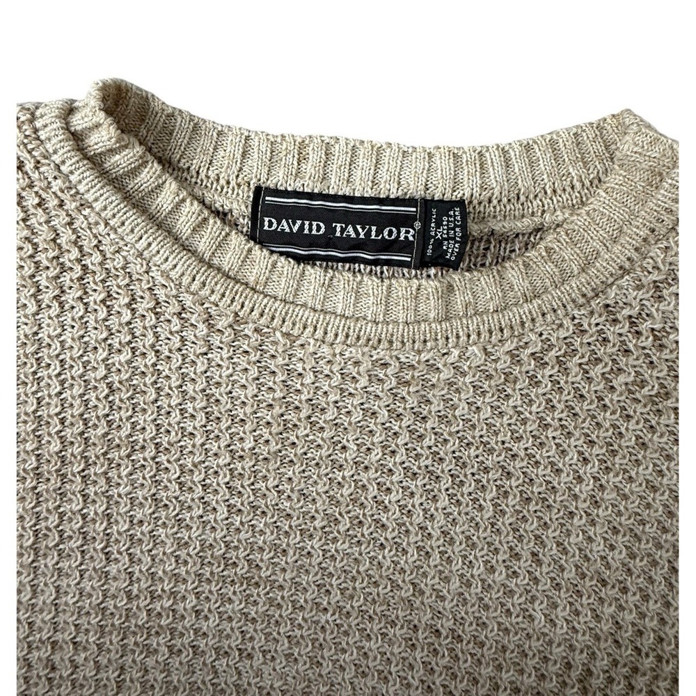 Vintage David Taylor Mens XL Beige Open Knit Long Sleeve Crewneck Sweater USA